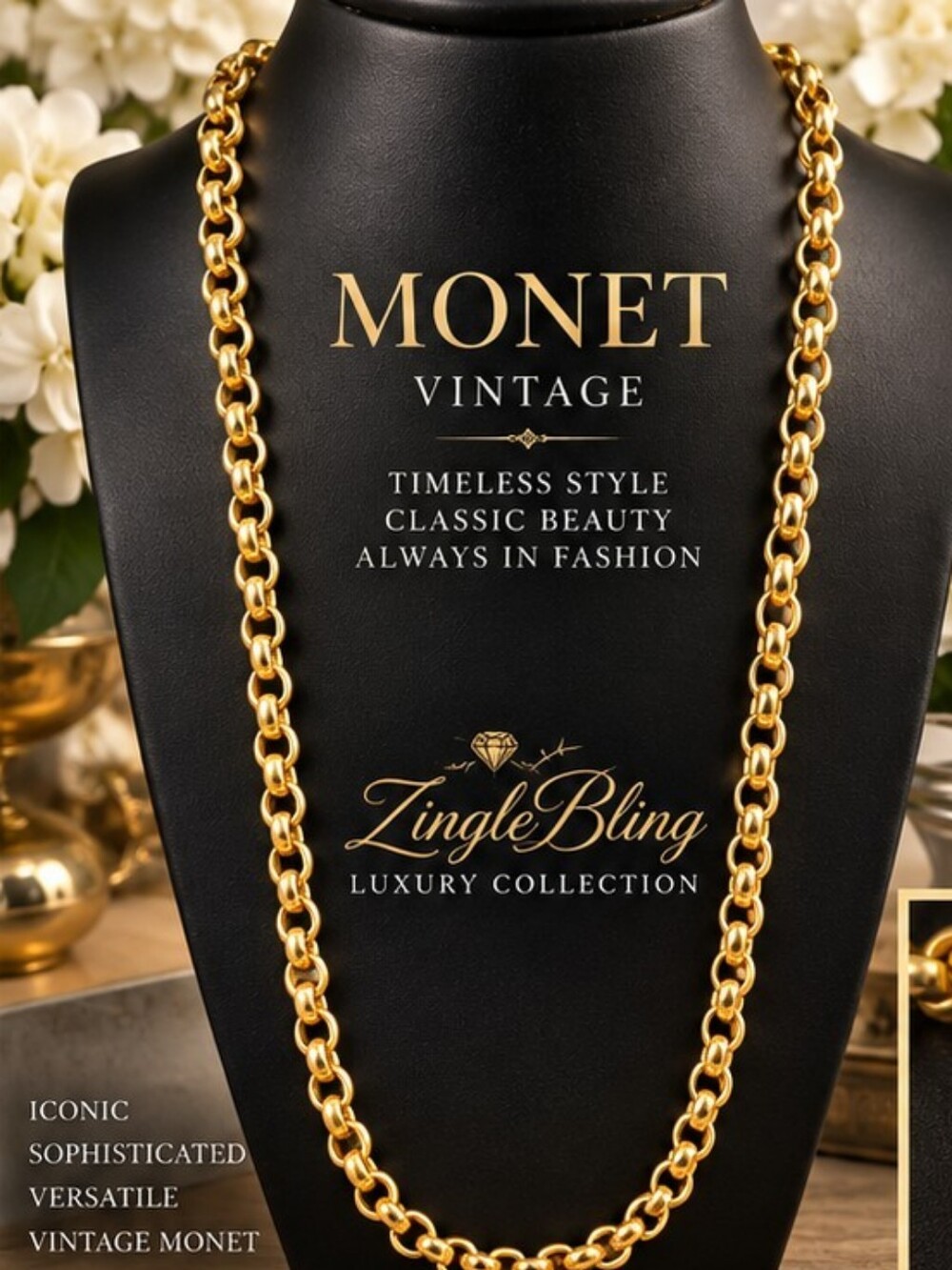 Vintage Monet Gold Tone Rolo Link Chain Necklace 30" Signed